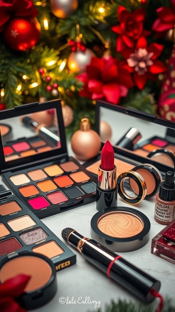 Makeup products for a Christmas look including eyeshadow palette, red lipstick, and highlighter on a festive background.